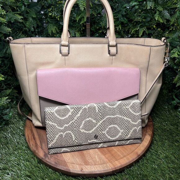 TORY BURCH HANDBAG T Lock E/W Tote Beige Pink Color Block And Clutch‎ Purse - Picture 2 of 16